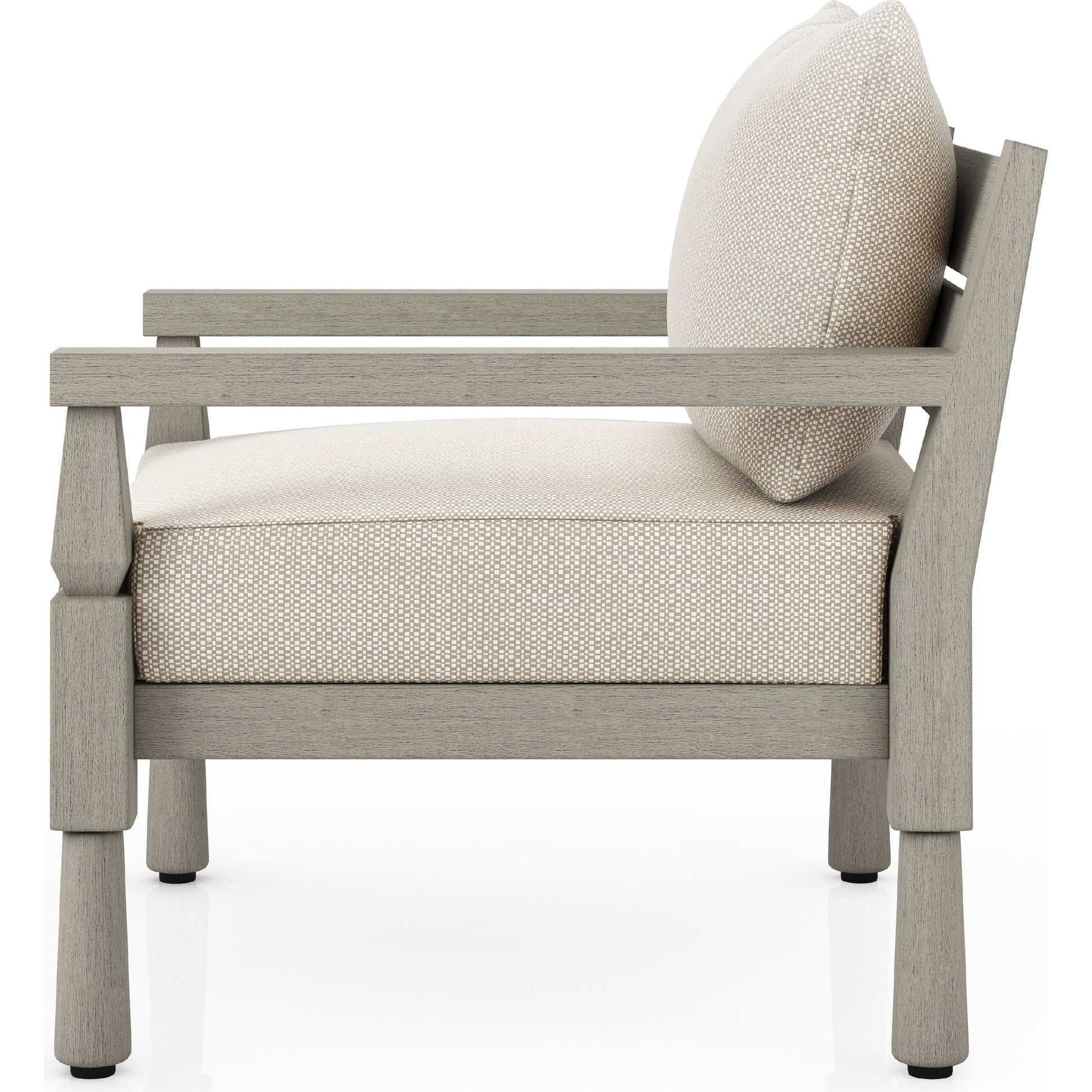 Waller Outdoor Chair by Four Hands in stone grey, weathered grey and weathered grey in stone grey. Made from 100% olefin, solid fsc®-certified teak, 59% polyurethane foam, 30% polyester fiber, 11% polyester fiber batting in a transitio