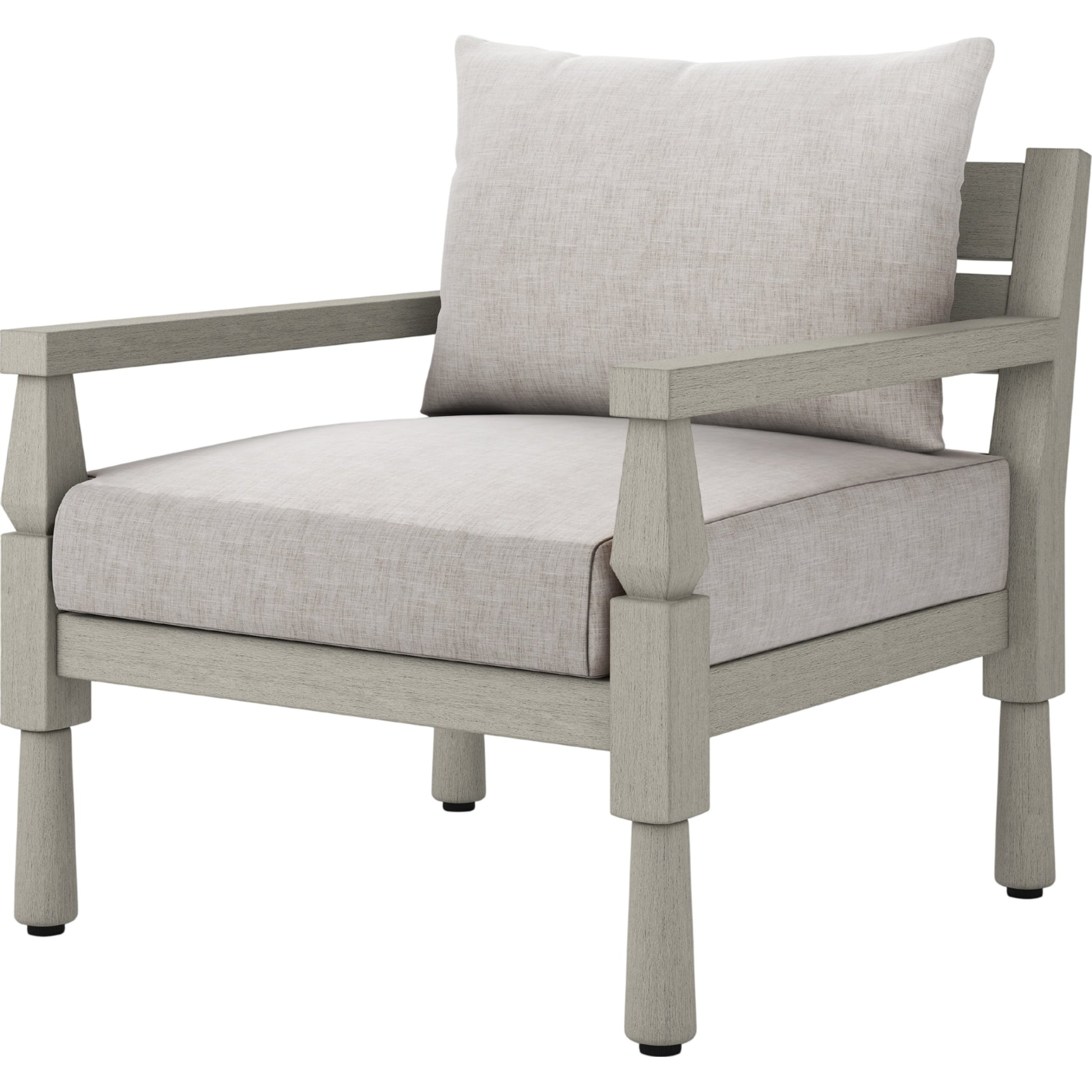 Waller Outdoor Chair by Four Hands in stone grey, weathered grey and weathered grey in stone grey. Made from 100% olefin, solid fsc®-certified teak, 59% polyurethane foam, 30% polyester fiber, 11% polyester fiber batting in 