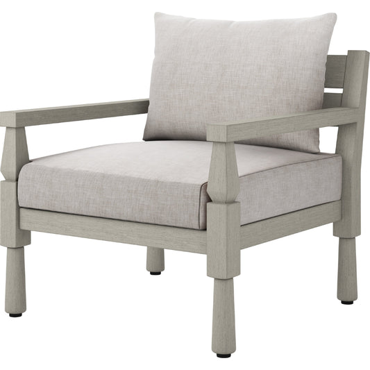 Waller Outdoor Chair by Four Hands in stone grey, weathered grey and weathered grey in stone grey. Made from 100% olefin, solid fsc®-certified teak, 59% polyurethane foam, 30% polyester fiber, 11% polyester fiber batting in 