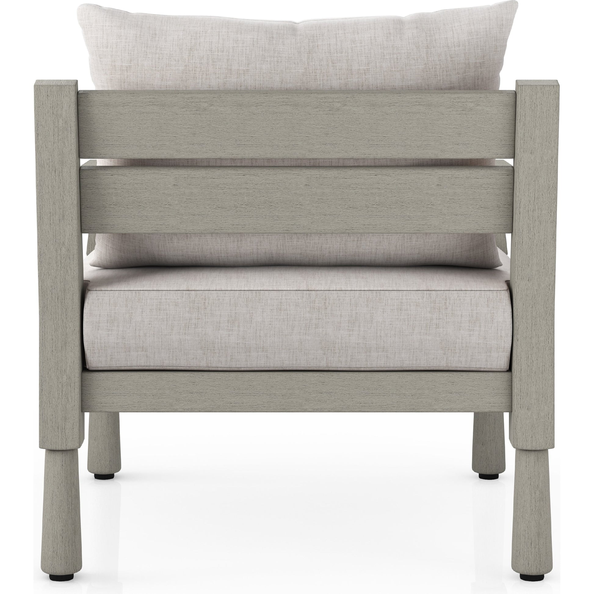Waller Outdoor Chair by Four Hands in stone grey, weathered grey and weathered grey in stone grey. Made from 100% olefin, solid fsc®-certified teak, 59% polyurethane foam, 30% polyester fiber, 11% polyester fiber batting 