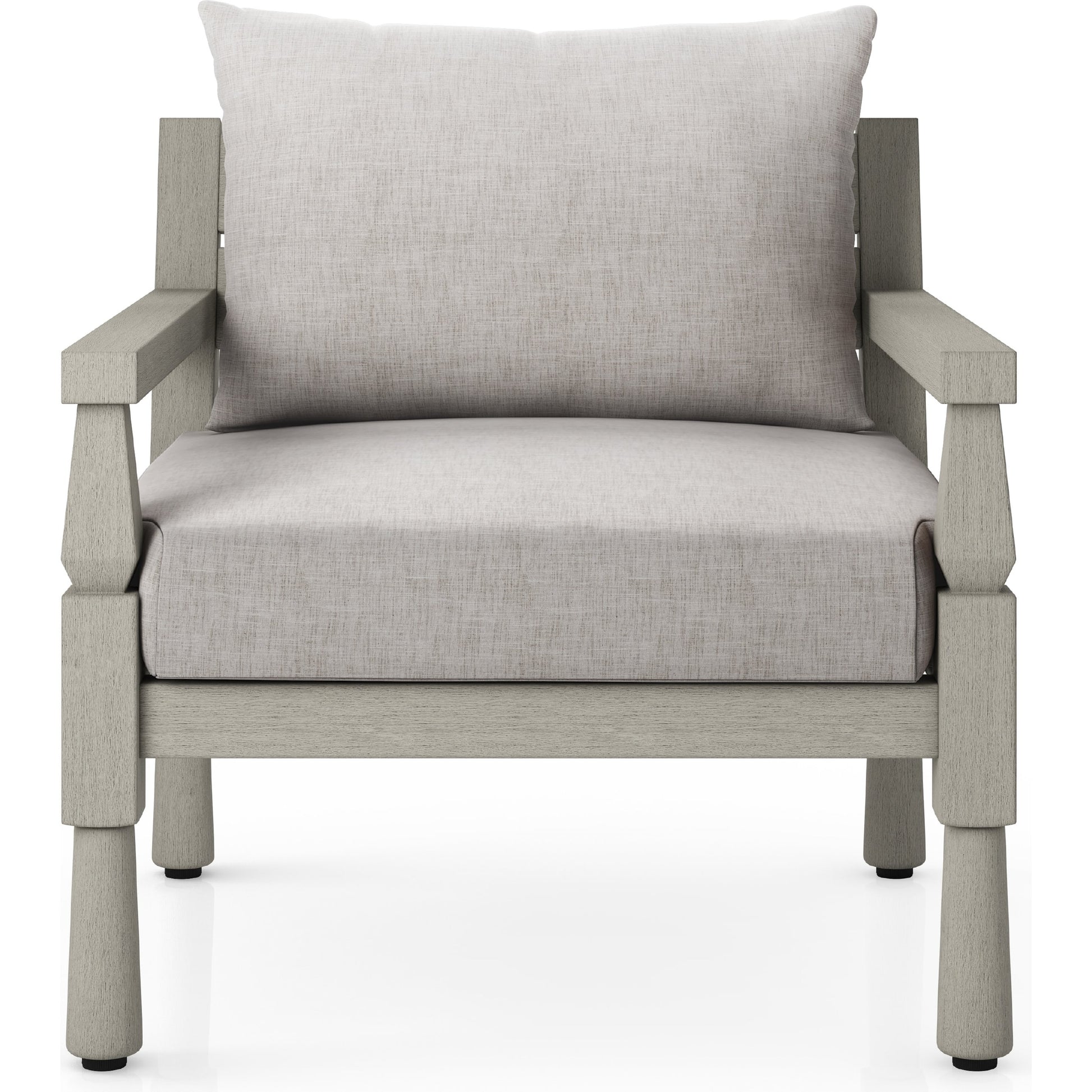 Waller Outdoor Chair by Four Hands in stone grey, weathered grey and weathered grey in stone grey. Made from 100% olefin, solid fsc®-certified teak, 59% polyurethane foam, 30% polyester fiber, 11% polyester fiber batting 