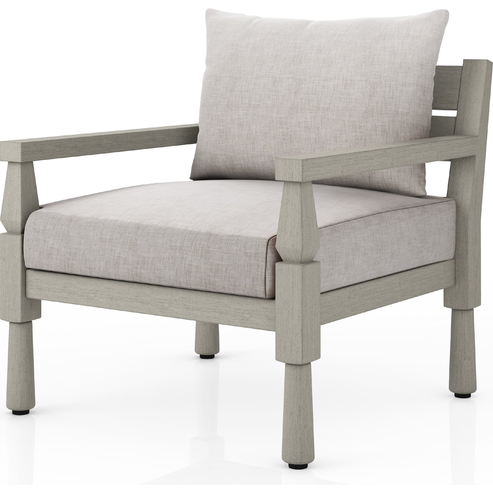 Waller Outdoor Chair by Four Hands in stone grey, weathered grey and weathered grey in stone grey. Made from 100% olefin, solid fsc®-certified teak, 59% polyurethane foam, 30% polyester fiber, 11% polyester fiber batting 