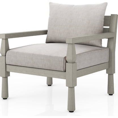 Waller Outdoor Chair by Four Hands in stone grey, weathered grey and weathered grey in stone grey. Made from 100% olefin, solid fsc®-certified teak, 59% polyurethane foam, 30% polyester fiber, 11% polyester fiber batting 