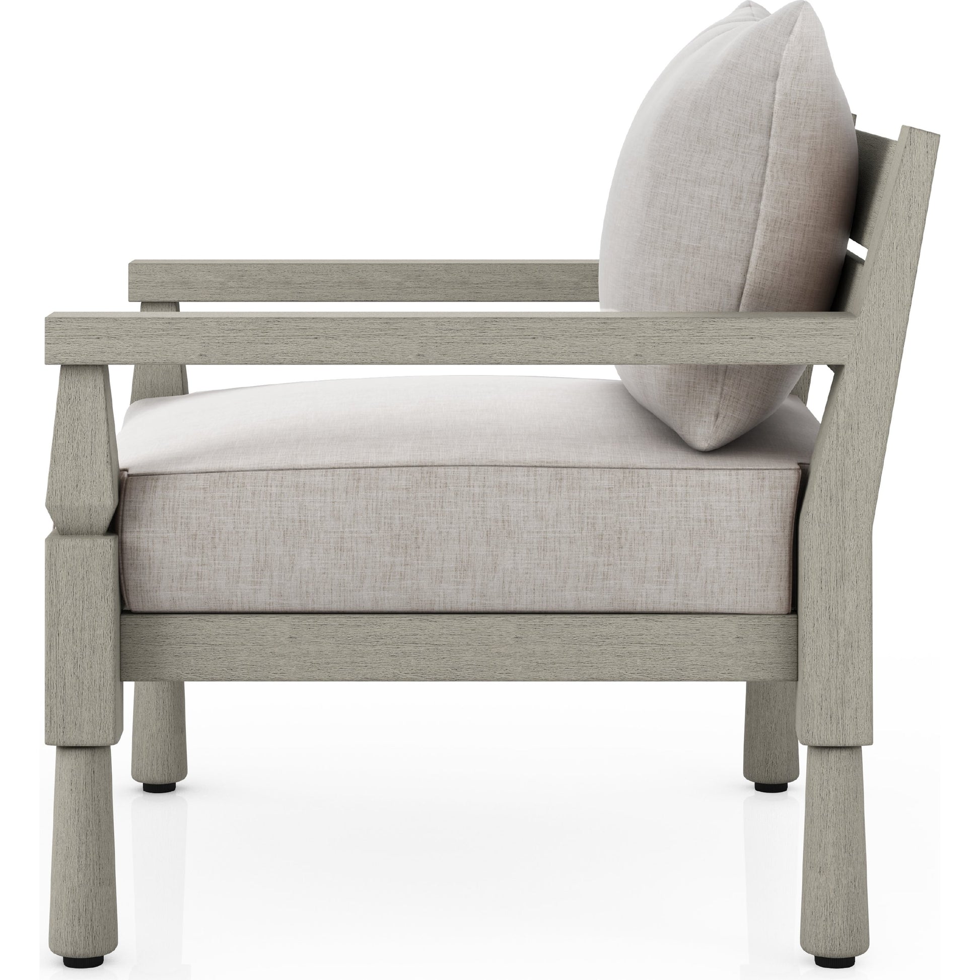Waller Outdoor Chair by Four Hands in stone grey, weathered grey and weathered grey in stone grey. Made from 100% olefin, solid fsc®-certified teak, 59% polyurethane foam, 30% polyester fiber, 11% polyester fiber batting 