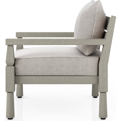 Waller Outdoor Chair by Four Hands in stone grey, weathered grey and weathered grey in stone grey. Made from 100% olefin, solid fsc®-certified teak, 59% polyurethane foam, 30% polyester fiber, 11% polyester fiber batting 