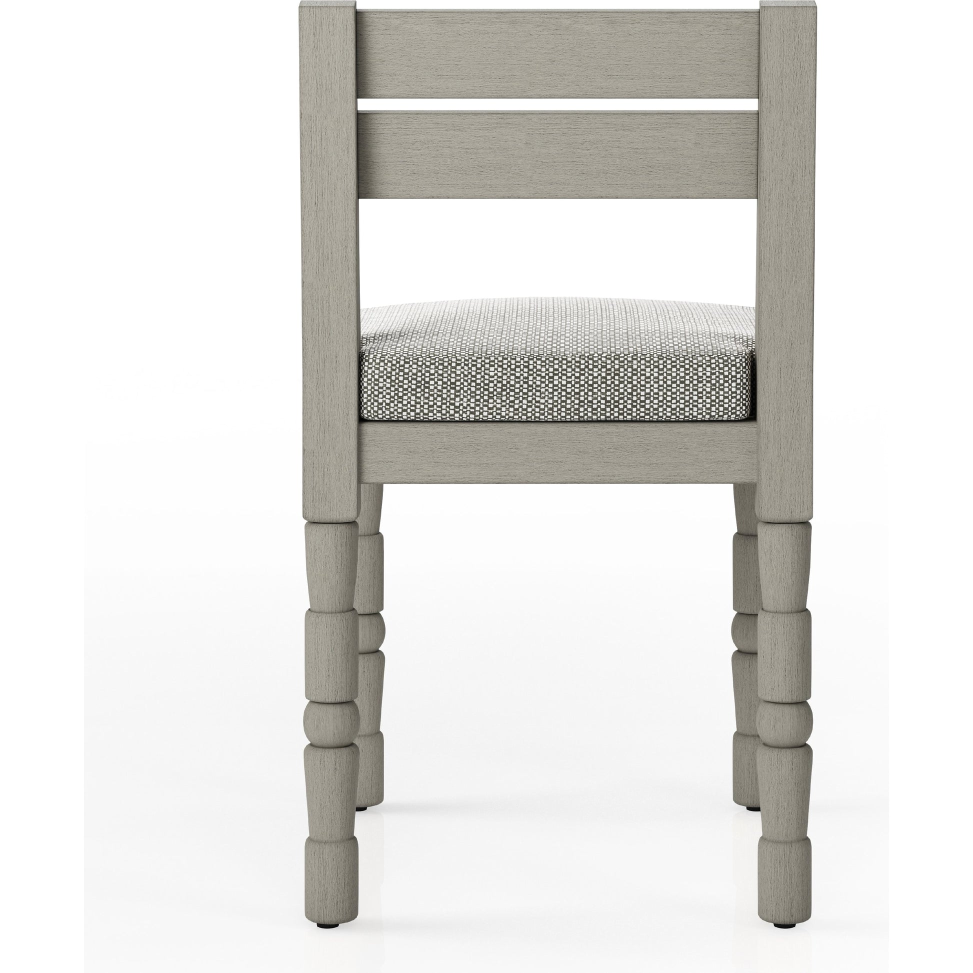 Waller Outdoor Dining Chair, Weathered Grey by Four Hands in weathered grey. Made from 100% olefin, solid fsc®-certified teak, 91% polyurethane foam pad, 9% polyester fiber batting in a transitional style.