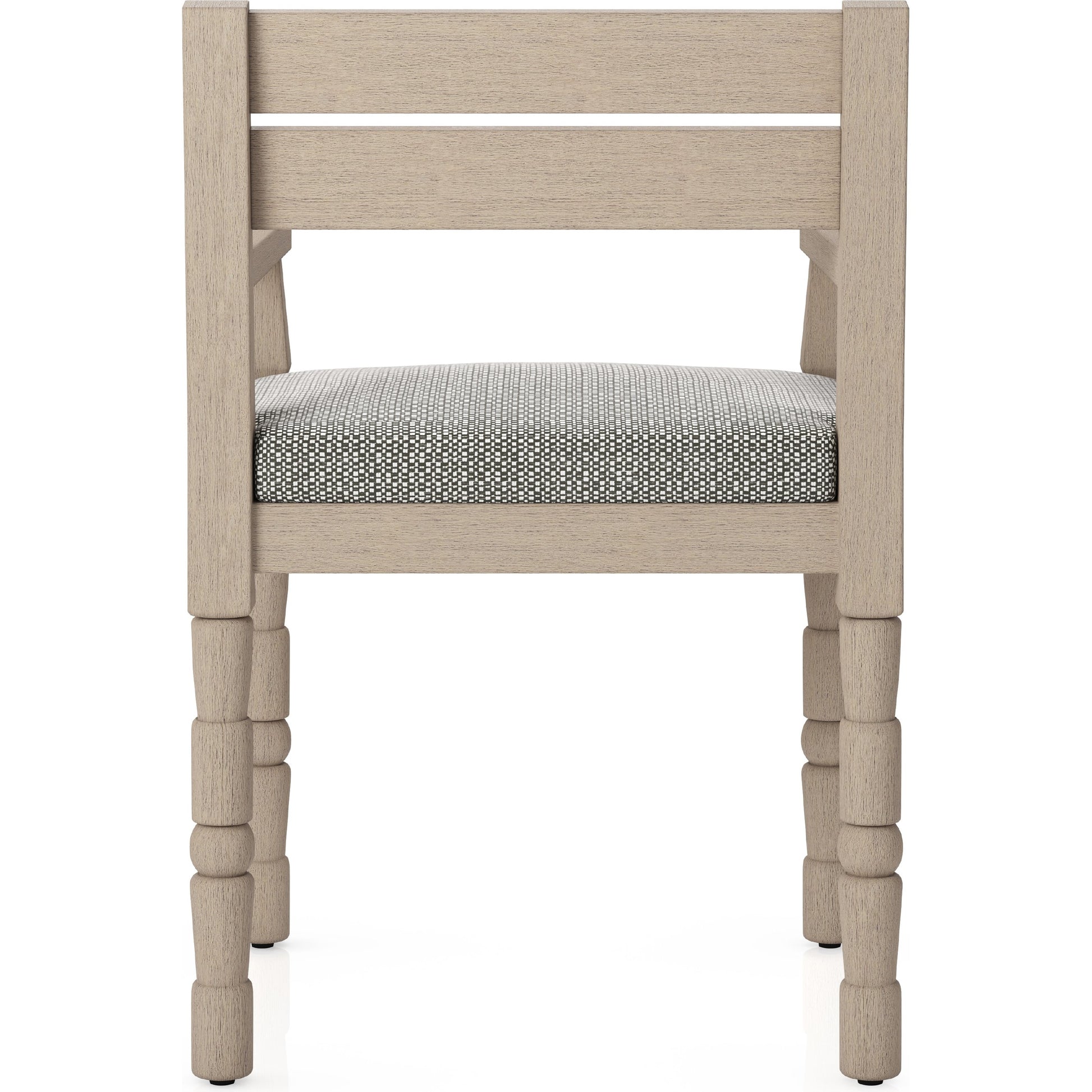 Waller Outdoor Dining Armchair, Washed Brown by Four Hands. Made from 100% olefin, solid fsc®-certified teak, 91% polyurethane foam pad, 9% polyester fiber batting in a transitional style.