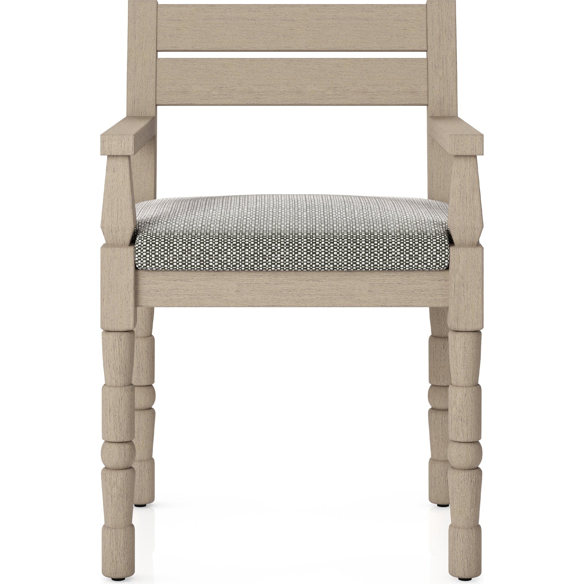 Waller Outdoor Dining Armchair, Washed Brown by Four Hands. Made from 100% olefin, solid fsc®-certified teak, 91% polyurethane foam pad, 9% polyester fiber batting in a transitional style.