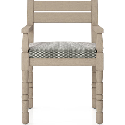 Waller Outdoor Dining Armchair, Washed Brown by Four Hands. Made from 100% olefin, solid fsc®-certified teak, 91% polyurethane foam pad, 9% polyester fiber batting in a transitional style.