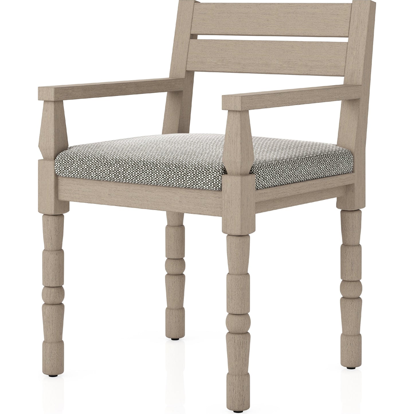 009 SI-1901958 | Additional Silo | Waller Outdoor Dining Armchair, Washed Brown by Four Hands. Made from 100% olefin, solid fsc®-certified teak, 91% polyurethane foam pad, 9% polyester fiber batting in a transitional style.