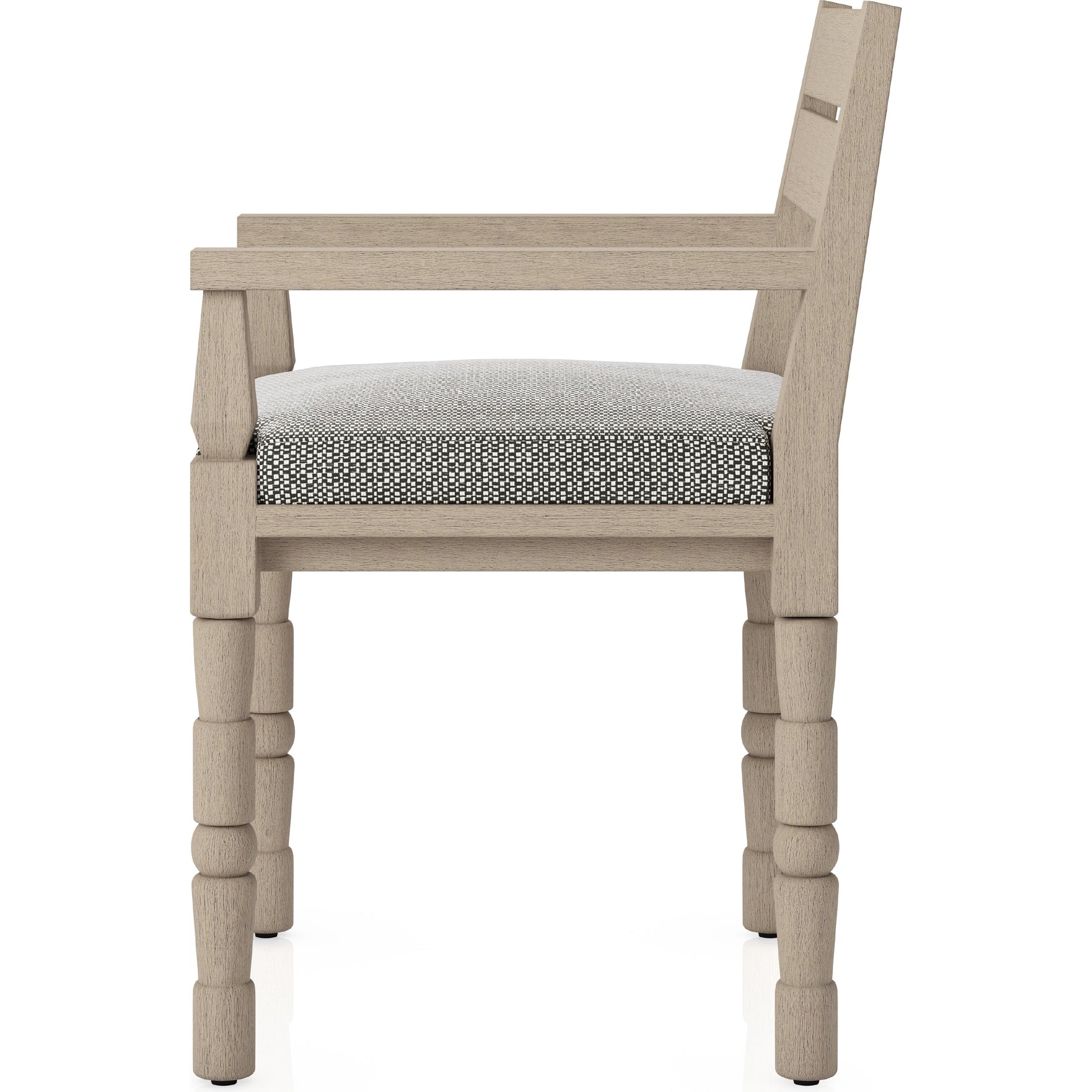 Waller Outdoor Dining Armchair, Washed Brown by Four Hands. Made from 100% olefin, solid fsc®-certified teak, 91% polyurethane foam pad, 9% polyester fiber batting in a transitional style.