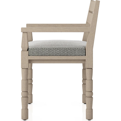 Waller Outdoor Dining Armchair, Washed Brown by Four Hands. Made from 100% olefin, solid fsc®-certified teak, 91% polyurethane foam pad, 9% polyester fiber batting in a transitional style.