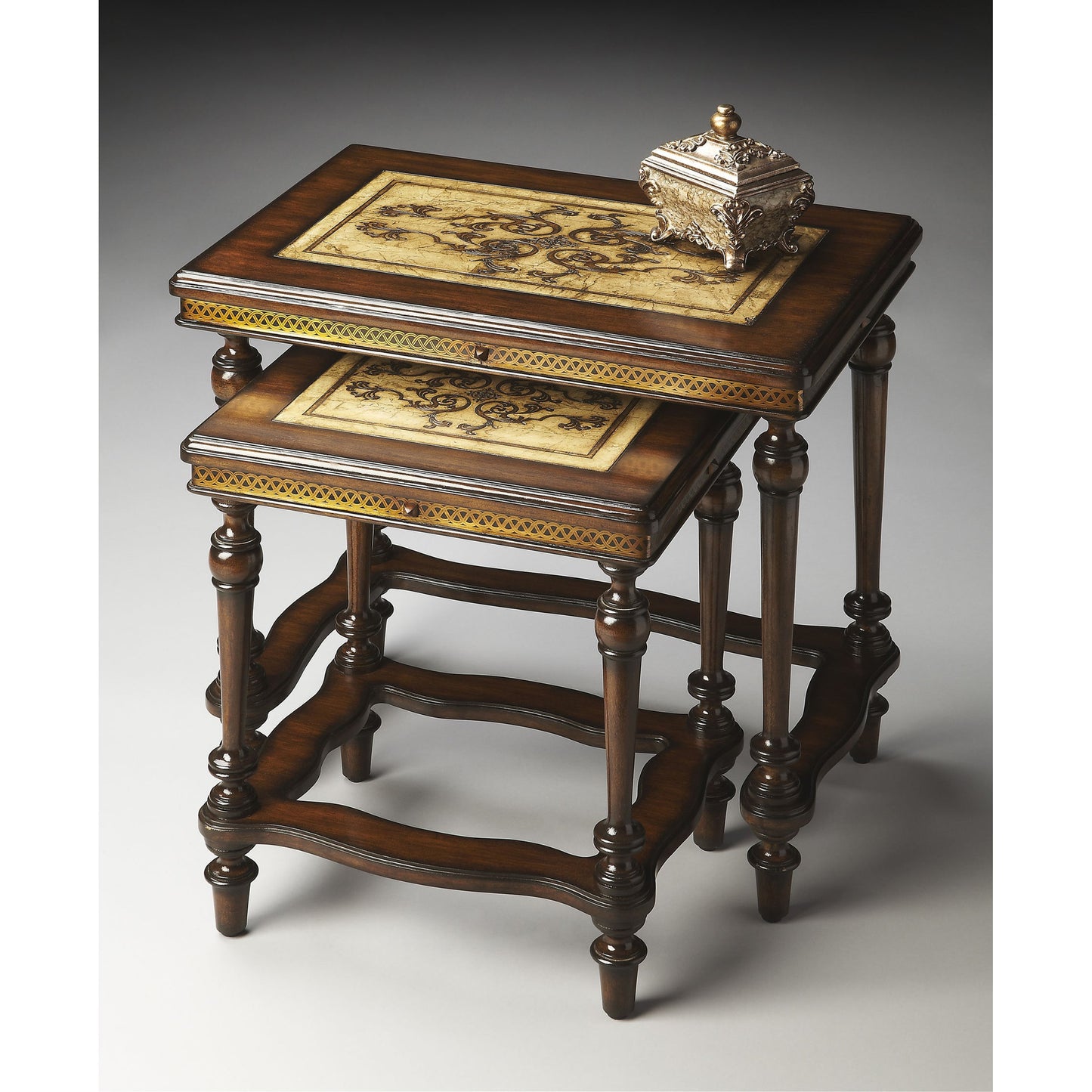 003 O-BUTLER-2290070 | Additional Silo | Gregorio Nesting Side Tables by Butler Specialty Company in multi-color and heritage. Made from etched pastor stone top, etched brass apron, mahogany wood legs in a traditional style.