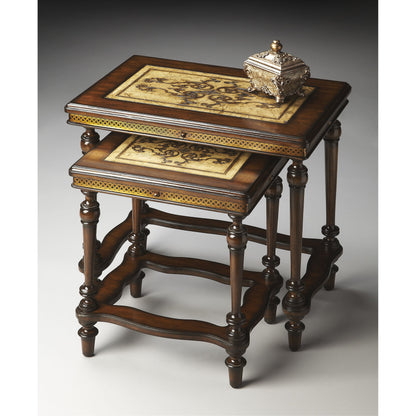 Gregorio Nesting Side Tables by Butler Specialty Company in multi-color and heritage. Made from etched pastor stone top, etched brass apron, mahogany wood legs in a traditional style.