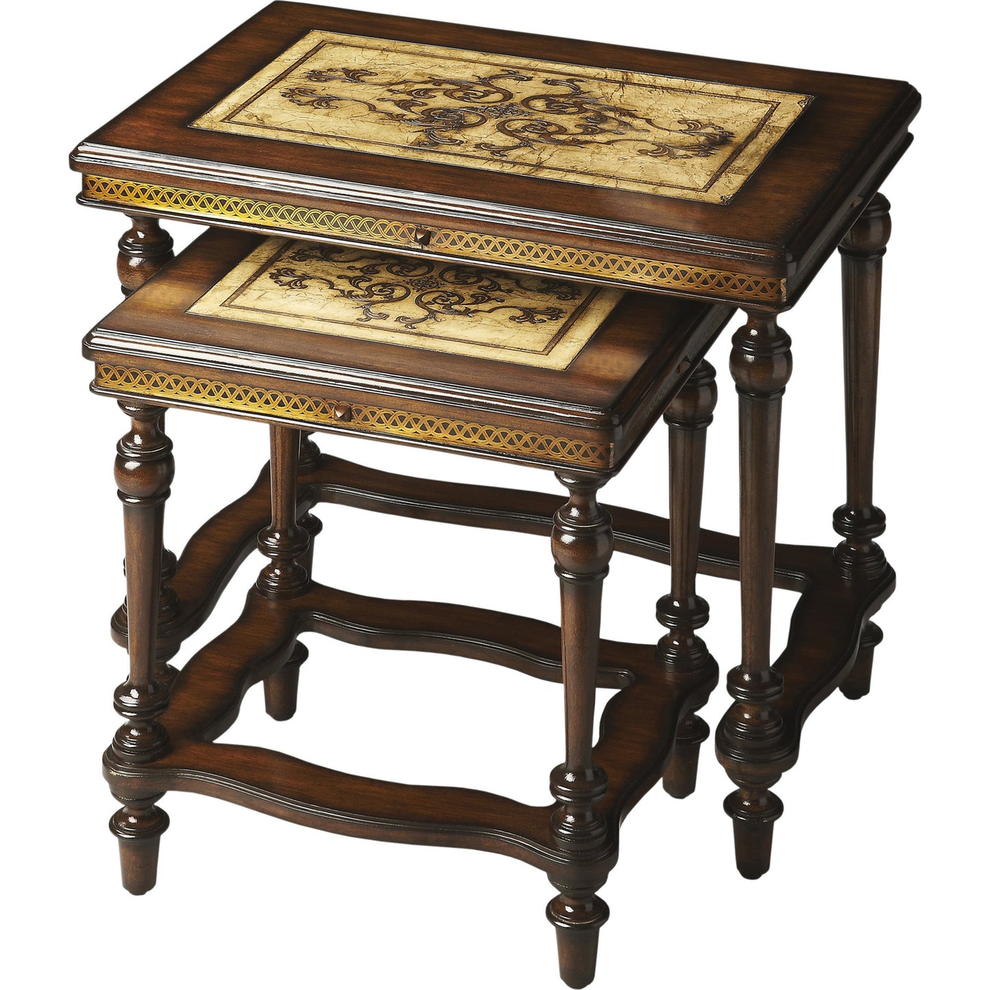 001 O-BUTLER-2290070 | Additional Silo | Gregorio Nesting Side Tables by Butler Specialty Company in multi-color and heritage. Made from etched pastor stone top, etched brass apron, mahogany wood legs in a traditional style.