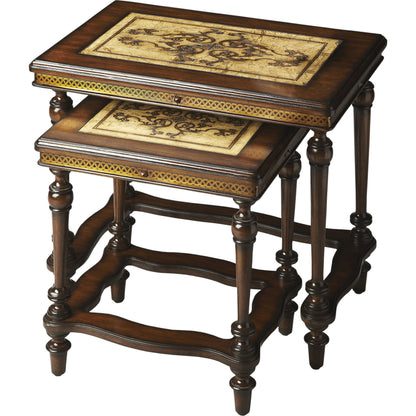 Gregorio Nesting Side Tables by Butler Specialty Company in multi-color and heritage. Made from etched pastor stone top, etched brass apron, mahogany wood legs in a traditional style.