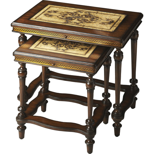 Gregorio Nesting Side Tables by Butler Specialty Company in multi-color and heritage. Made from etched pastor stone top, etched brass apron, mahogany wood legs in a traditional style.