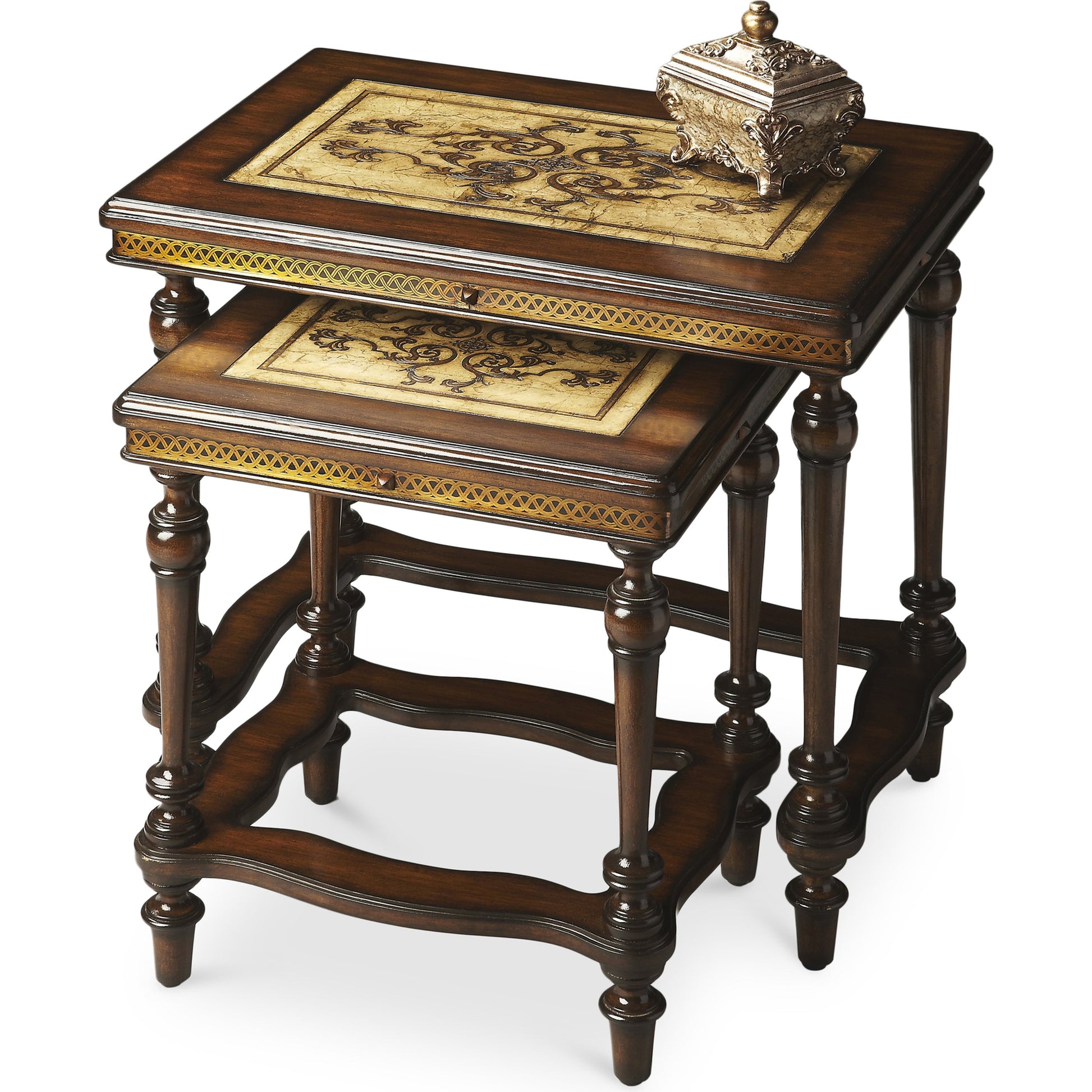 Gregorio Nesting Side Tables by Butler Specialty Company in multi-color and heritage. Made from etched pastor stone top, etched brass apron, mahogany wood legs in a traditional style.