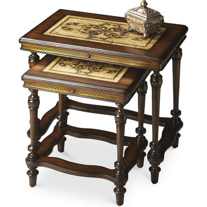 Gregorio Nesting Side Tables by Butler Specialty Company in multi-color and heritage. Made from etched pastor stone top, etched brass apron, mahogany wood legs in a traditional style.