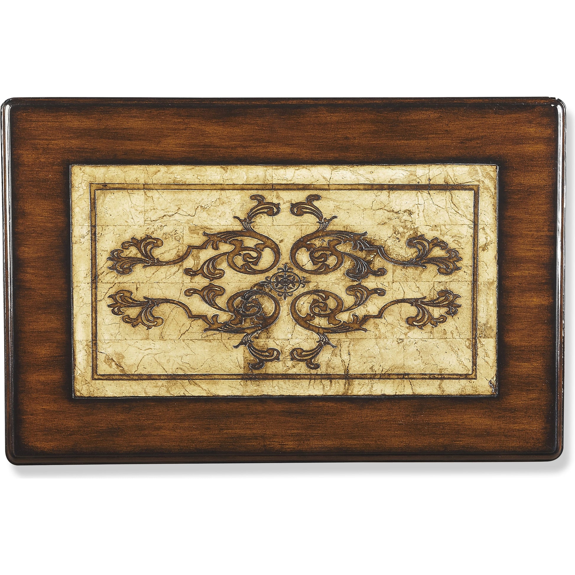 Gregorio Nesting Side Tables by Butler Specialty Company in multi-color and heritage. Made from etched pastor stone top, etched brass apron, mahogany wood legs in a traditional style.