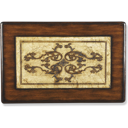 Gregorio Nesting Side Tables by Butler Specialty Company in multi-color and heritage. Made from etched pastor stone top, etched brass apron, mahogany wood legs in a traditional style.