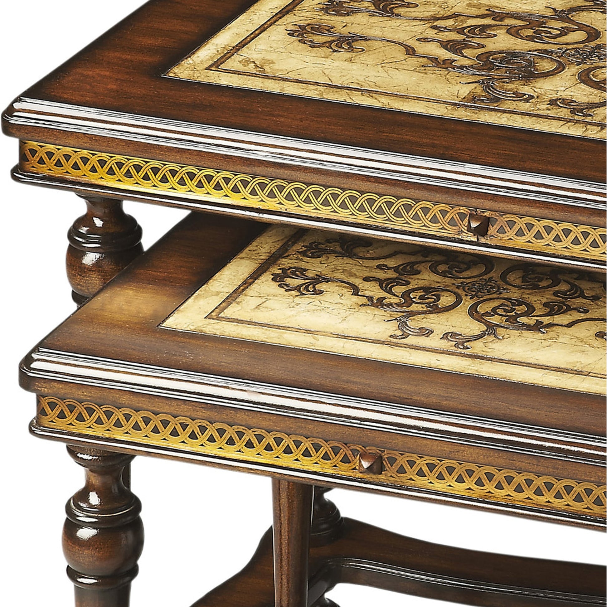 Gregorio Nesting Side Tables by Butler Specialty Company in multi-color and heritage. Made from etched pastor stone top, etched brass apron, mahogany wood legs in a traditional style.