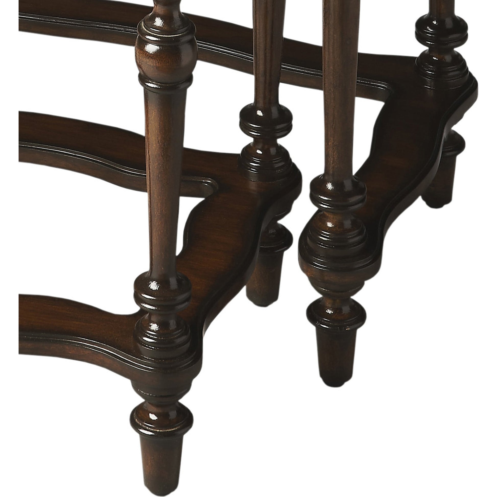 Gregorio Nesting Side Tables by Butler Specialty Company in multi-color and heritage. Made from etched pastor stone top, etched brass apron, mahogany wood legs in a traditional style.