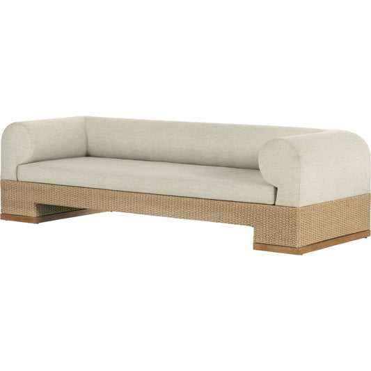 Joss Outdoor Sofa by Four Hands. Made from 100% olefin, solid teak, 100% polyethylene in a coastal style.