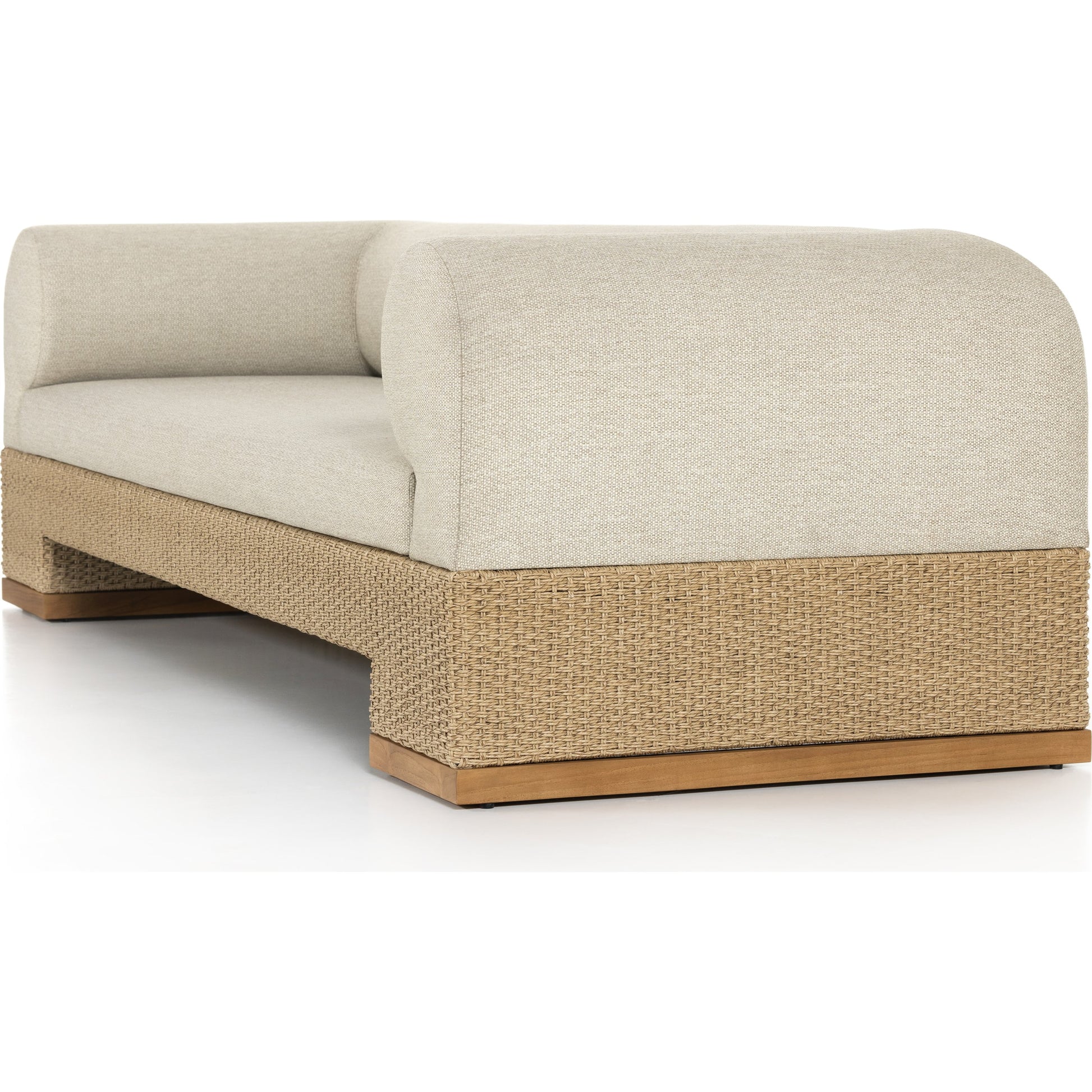 Joss Outdoor Sofa by Four Hands. Made from 100% olefin, solid teak, 100% polyethylene in a coastal style.