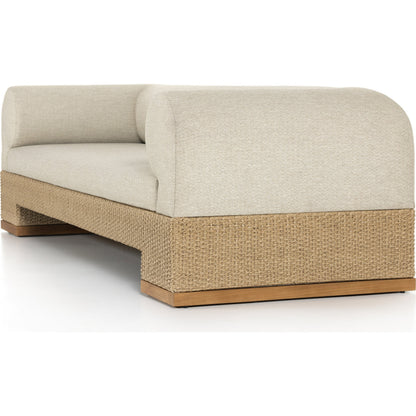 Joss Outdoor Sofa by Four Hands. Made from 100% olefin, solid teak, 100% polyethylene in a coastal style.