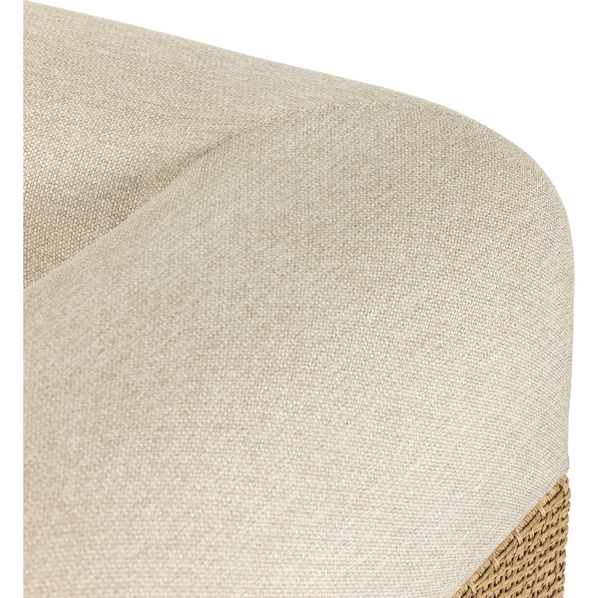 Joss Outdoor Sofa by Four Hands. Made from 100% olefin, solid teak, 100% polyethylene in a coastal style.