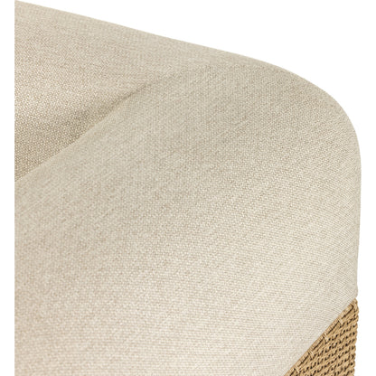 Joss Outdoor Sofa by Four Hands. Made from 100% olefin, solid teak, 100% polyethylene in a coastal style.