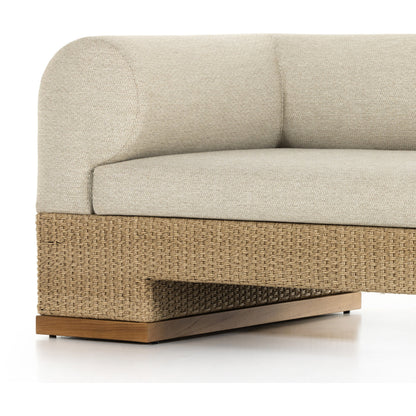 Joss Outdoor Sofa by Four Hands. Made from 100% olefin, solid teak, 100% polyethylene in a coastal style.
