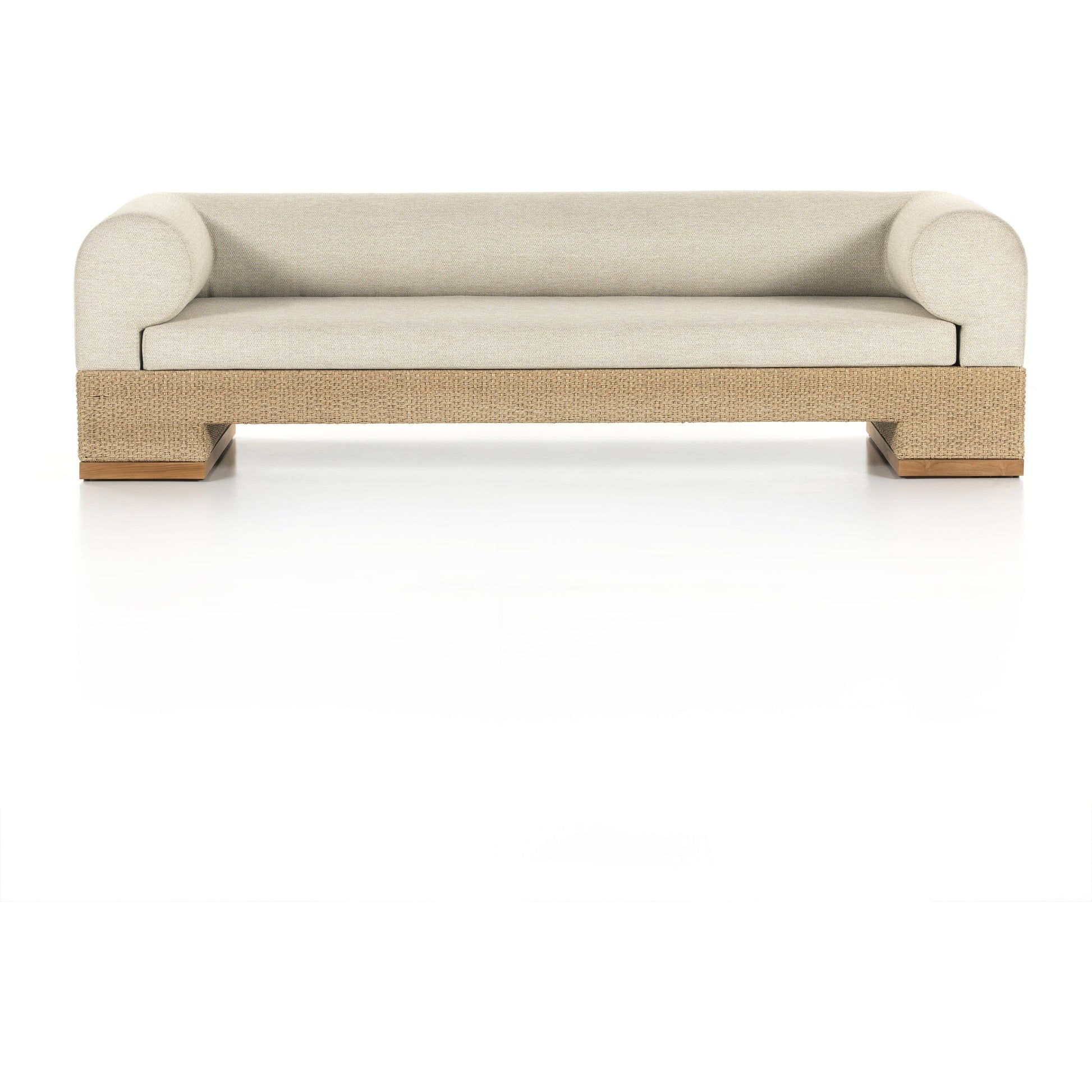 Joss Outdoor Sofa by Four Hands. Made from 100% olefin, solid teak, 100% polyethylene in a coastal style.