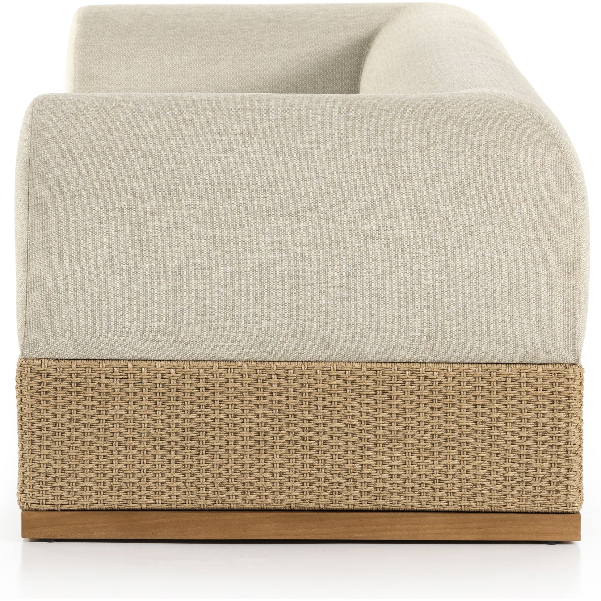 Joss Outdoor Sofa by Four Hands. Made from 100% olefin, solid teak, 100% polyethylene in a coastal style.