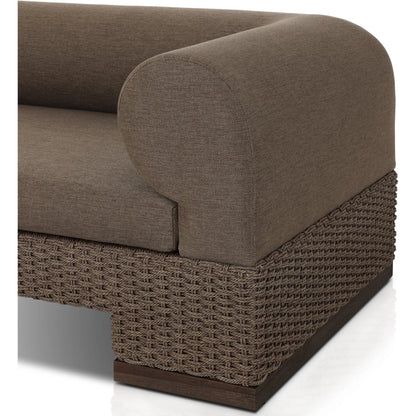 Joss Outdoor Sofa by Four Hands. Made from 100% olefin, solid teak, 100% polyethylene in a coastal style.