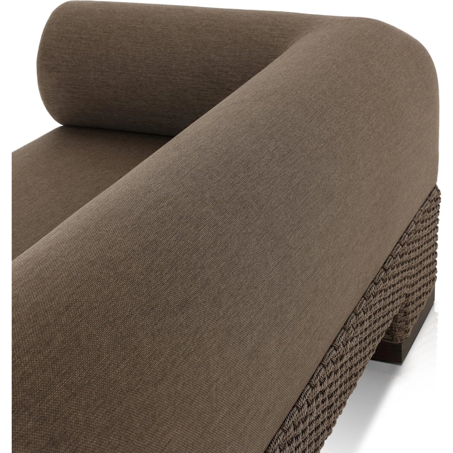 020 SI-2320139 | Closeup | Joss Outdoor Sofa by Four Hands. Made from 100% olefin, solid teak, 100% polyethylene in a coastal style.