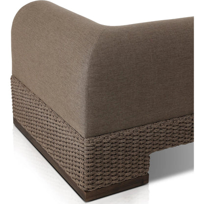 Joss Outdoor Sofa by Four Hands. Made from 100% olefin, solid teak, 100% polyethylene in a coastal style.