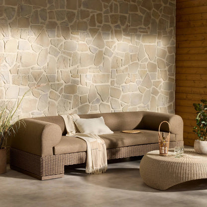 Joss Outdoor Sofa by Four Hands. Made from 100% olefin, solid teak, 100% polyethylene in a coastal style.