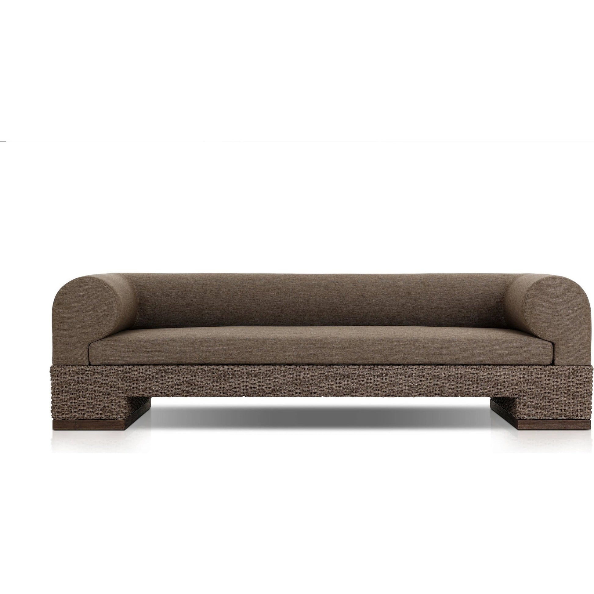 Joss Outdoor Sofa by Four Hands. Made from 100% olefin, solid teak, 100% polyethylene in a coastal style.