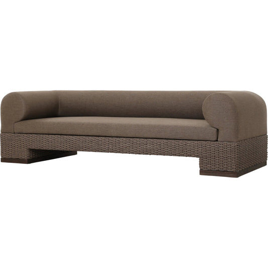 Joss Outdoor Sofa by Four Hands. Made from 100% olefin, solid teak, 100% polyethylene in a coastal style.
