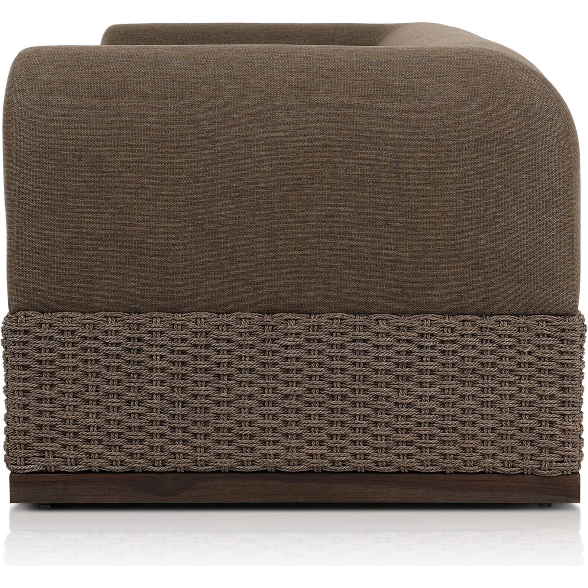 Joss Outdoor Sofa by Four Hands. Made from 100% olefin, solid teak, 100% polyethylene in a coastal style.