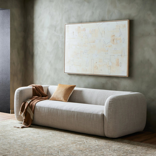 Nara Sofa by Four Hands in gibson wheat, black parawood. Made from 97% polyester, 3% acrylic, solid parawood, solid pine in a modern style.