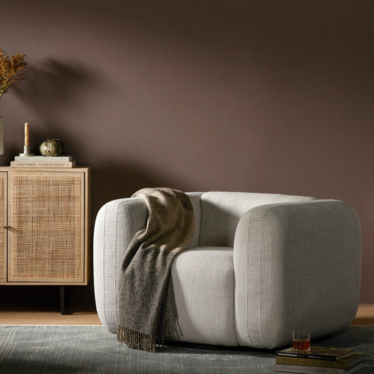 Nara Swivel Chair by Four Hands in gibson wheat, weathered umber. Made from 97% polyester, 3% acrylic, solid pine, iron in a modern style.