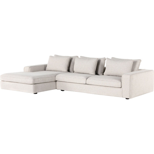 Pierce Sectional by Four Hands in pompee pearl. Made from 97.81% olefin, 2.19% polyester, solid pine, 90% polyurethane foam, 10% fiber in a modern style.