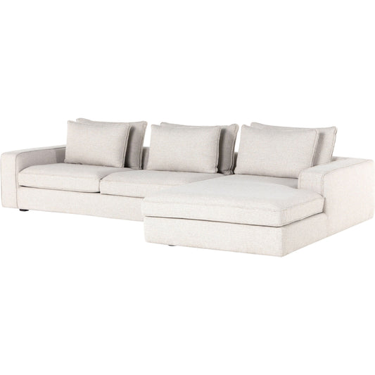 Pierce Sectional by Four Hands in pompee pearl. Made from 97.81% olefin, 2.19% polyester, solid pine, 90% polyurethane foam, 10% fiber in a modern style.