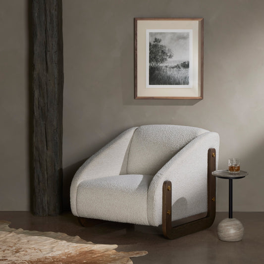 Bevan Chair by Four Hands in knoll natural, matte brown, brass cap. Made from 95% polyester, 5% acrylic, solid oak, stainless steel in a modern style.