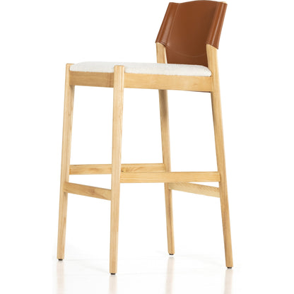 Lulu Bar Stool by Four Hands in espresso leather, cardiff cream. Made from 100% polyester, solid ash, 70% split leather, 30% polyvinyl chloride (pvc) in a modern style.
