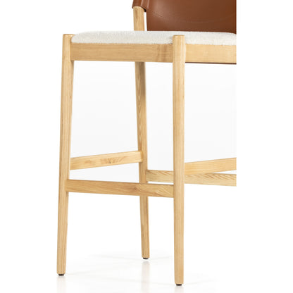 Lulu Bar Stool by Four Hands in espresso leather, cardiff cream. Made from 100% polyester, solid ash, 70% split leather, 30% polyvinyl chloride (pvc) in a modern style.