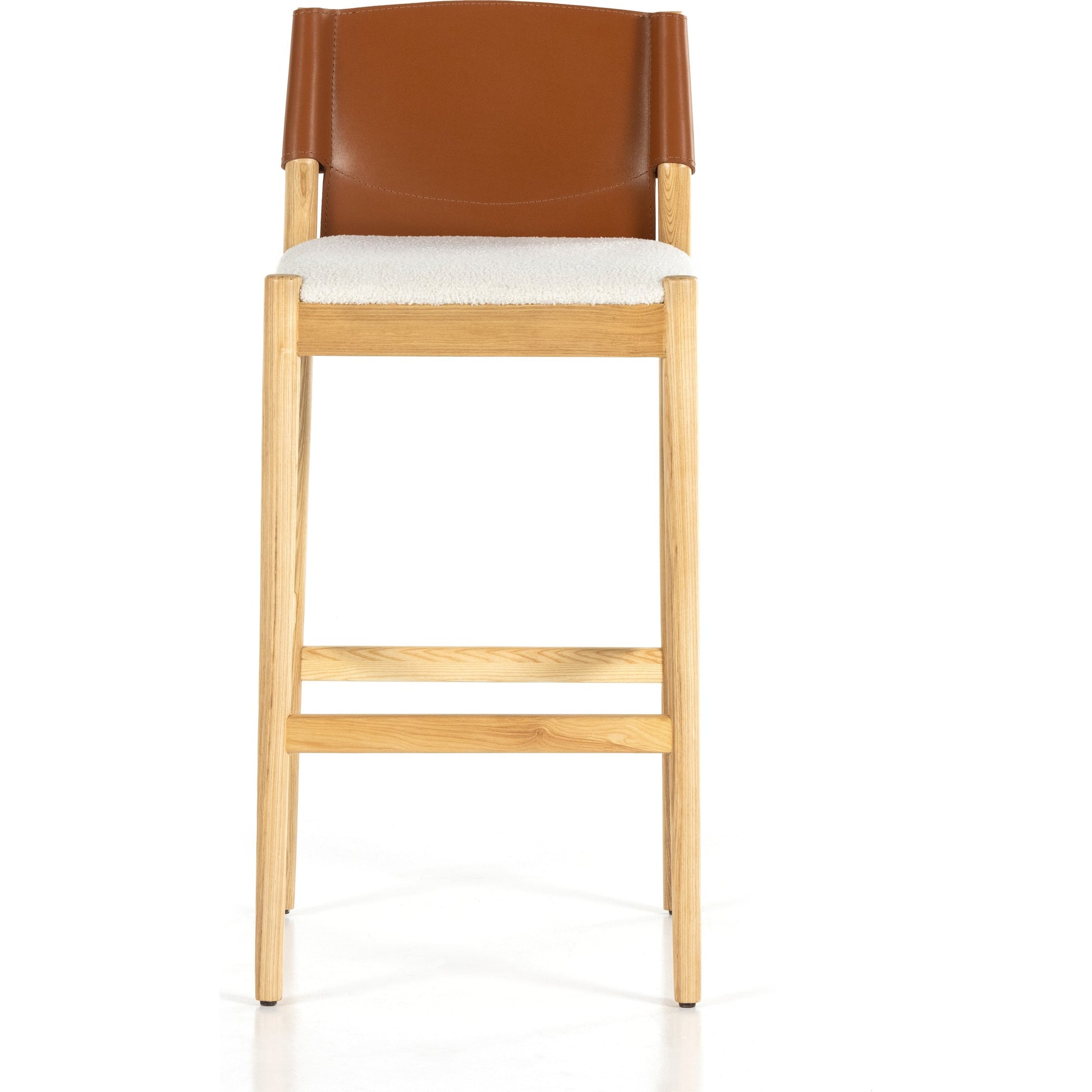 Lulu Bar Stool by Four Hands in espresso leather, cardiff cream. Made from 100% polyester, solid ash, 70% split leather, 30% polyvinyl chloride (pvc) in a modern style.